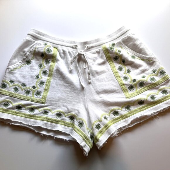 Anthropologie Terry White Green Embroidered Daily Practice Shorts sz Large - Picture 1 of 7